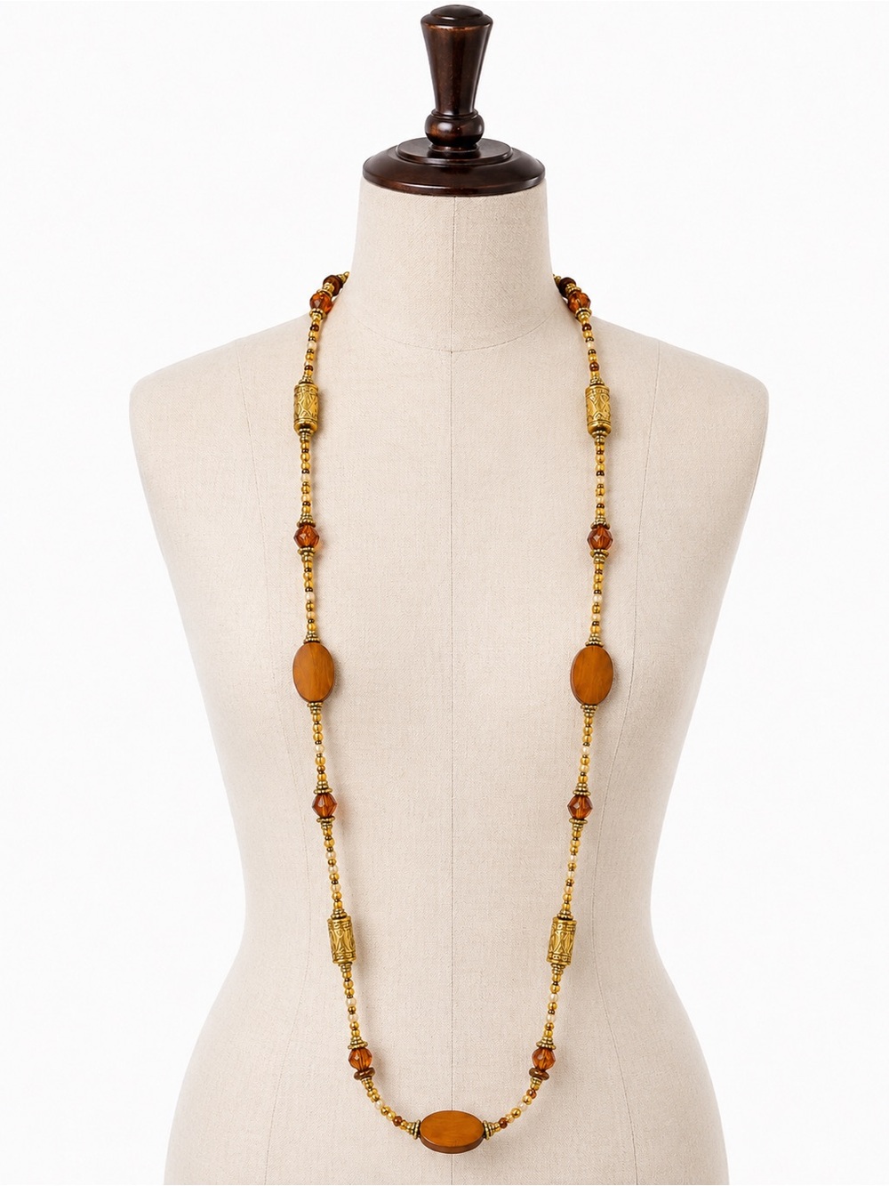 Boho Long Wood & Acrylic Brown And Ivory Beaded Necklace Gold Tone - Picture 2 of 6